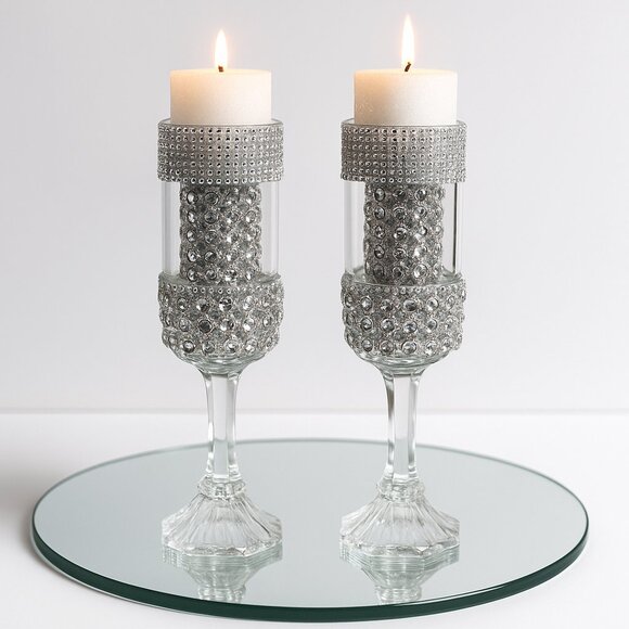 Elegant Silver Rhinestone Candle Holders – Set of 2 | Glamorous Centerpiece Deco - Picture 1 of 2